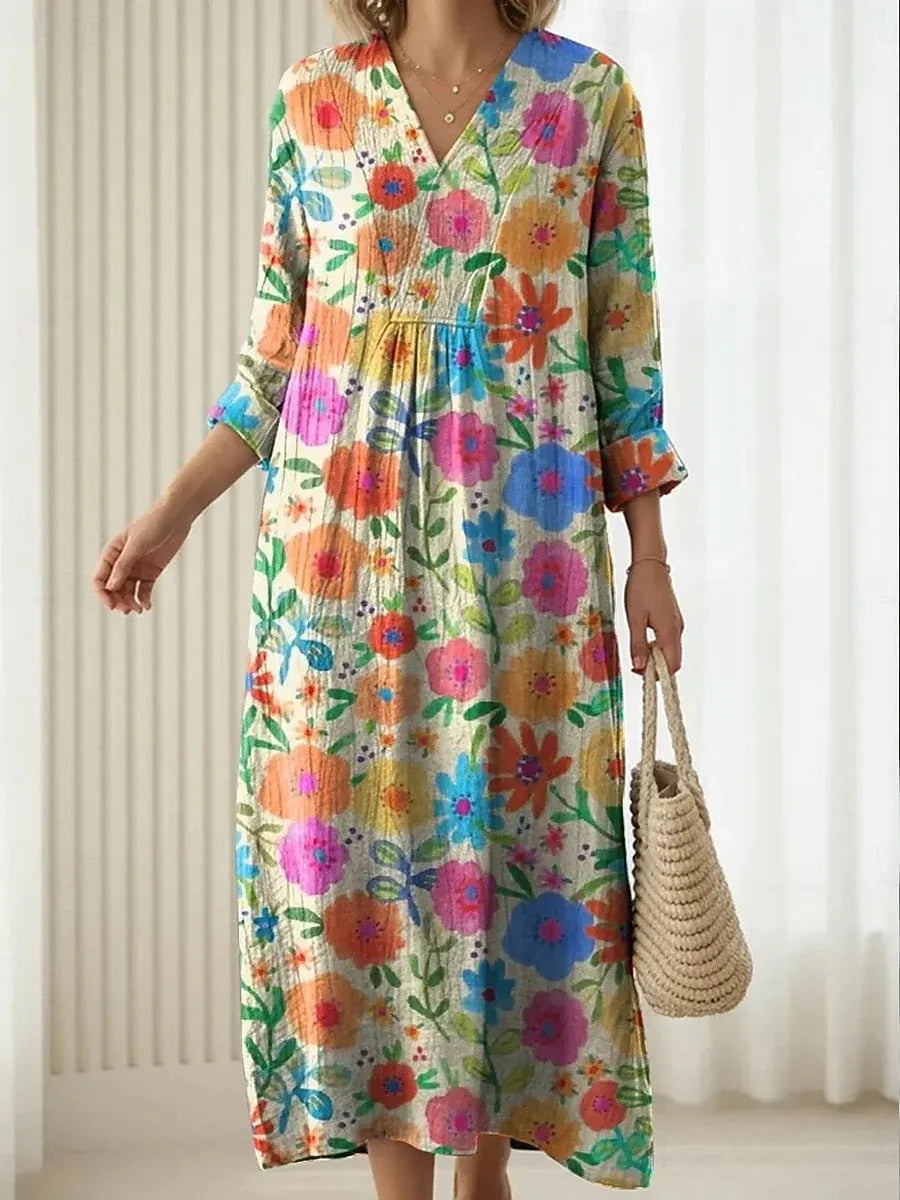 Women's Boho Floral Print Linen Maxi Dress