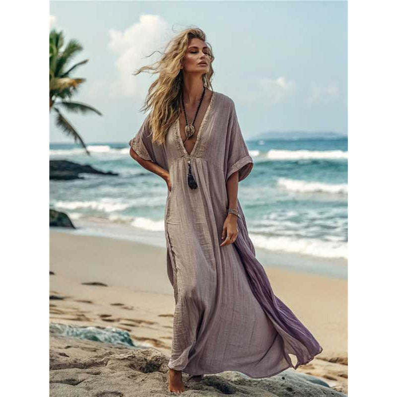 Women's V-Neck Linen-Blend Kaftan Dress