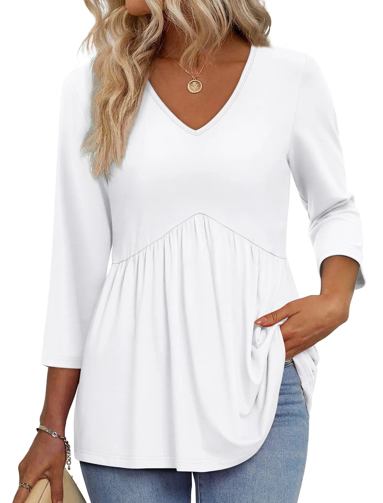 Women V Neck 3/4 Sleeve Leaf Print Empire Waist Tunic Top