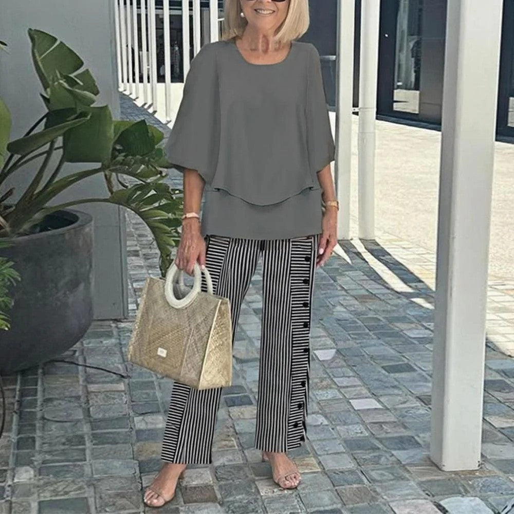 Women Round Neck Mid Sleeve Loose Top & Printed Straight Pants 2 Piece Co Ord Set