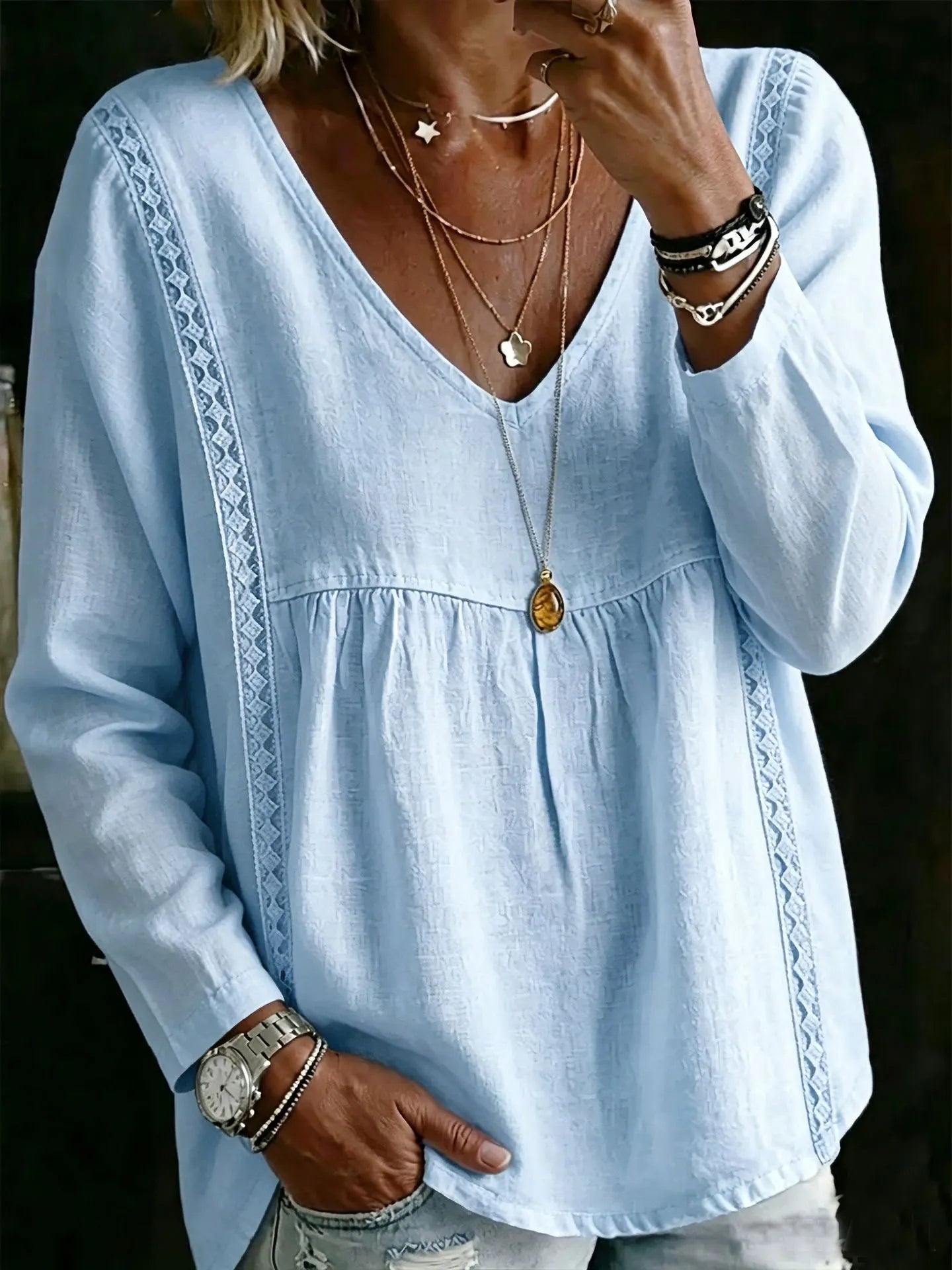 Minimalist Solid Color Crochet Edging Long Sleeve Shirt Deep V Neck Tiered Relaxed Vacation Blouse