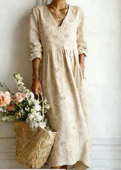 Women's Boho Floral Print Linen Maxi Dress