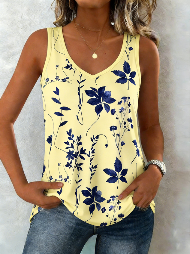 V Neck Street Cotton-Blend Loose Tank Top