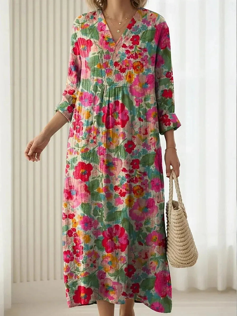 Women's Boho Floral Print Linen Maxi Dress