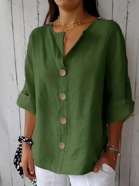 Loose Shirt Women's V-neck Cotton and Linen Button T-shirt Top Women