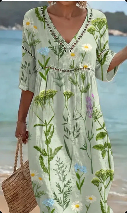 Women's V-Neck Floral & Print Midi Dress