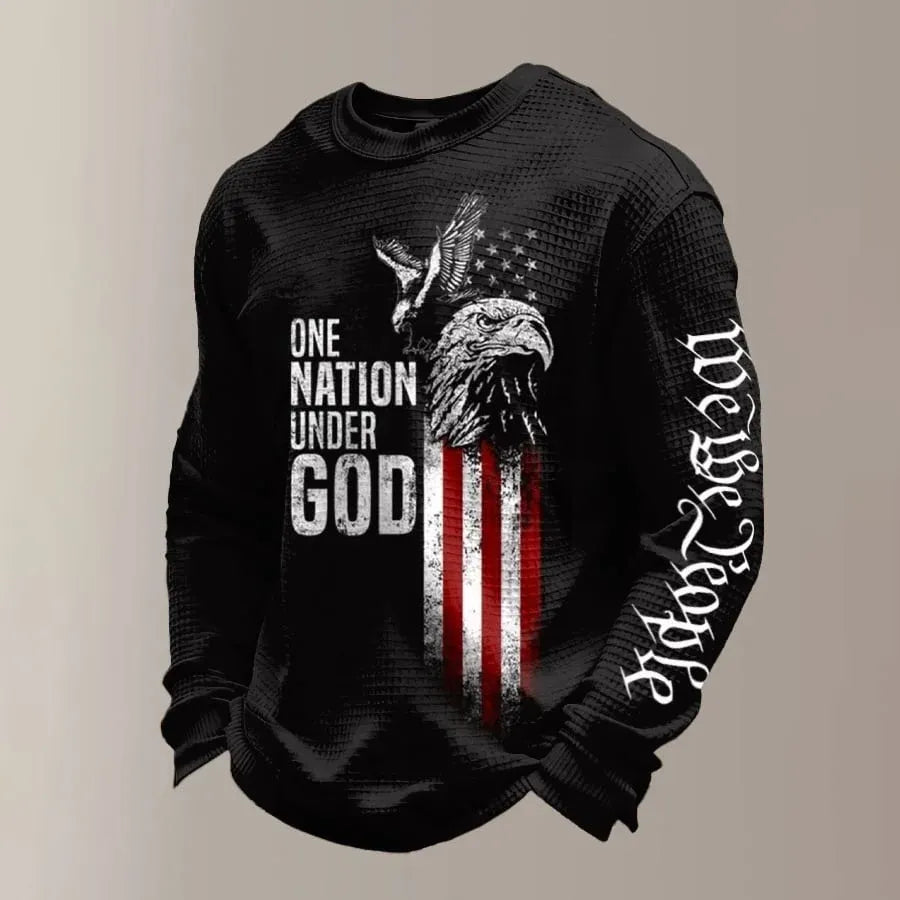 Men's One Nation Under God Retro Eagle & Flag Print Waffle-Knit Long-Sleeve Top