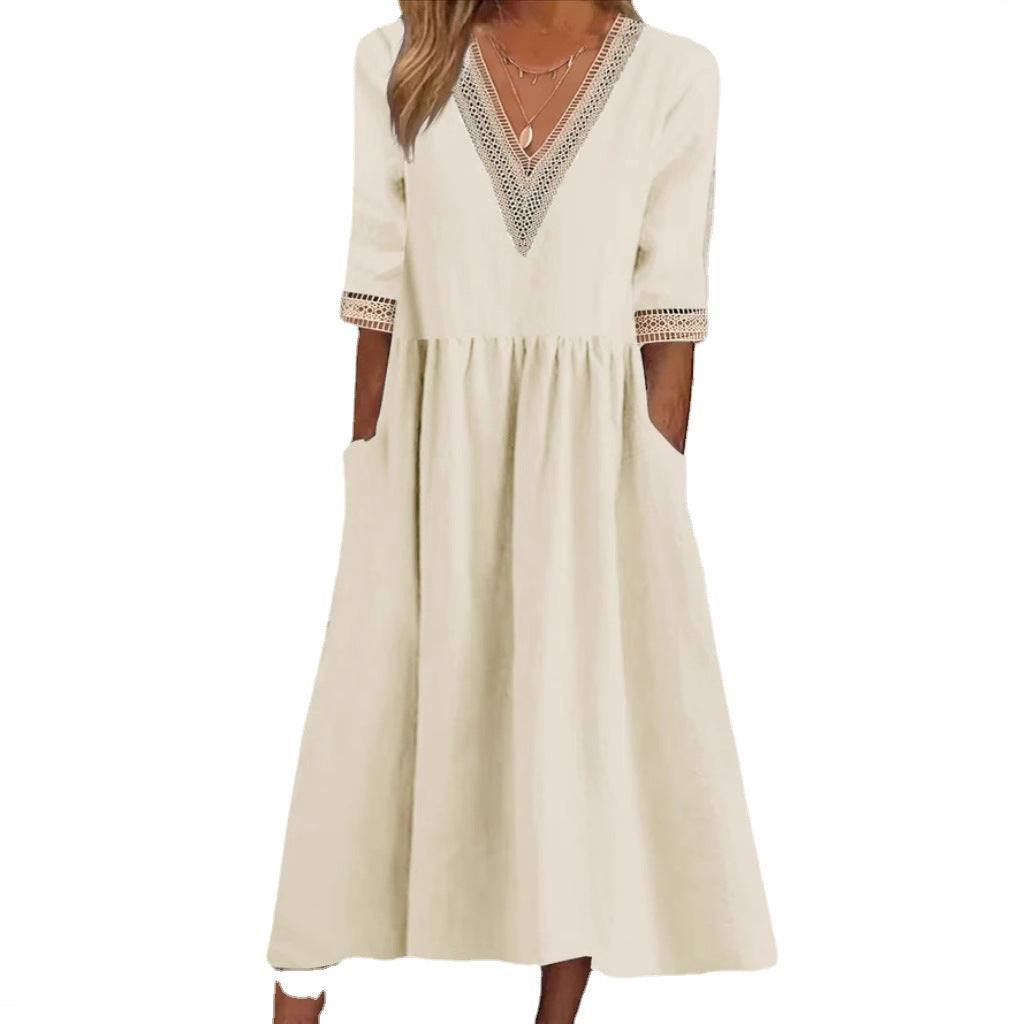 Women's V-Neck Lace Trim Midi Dress