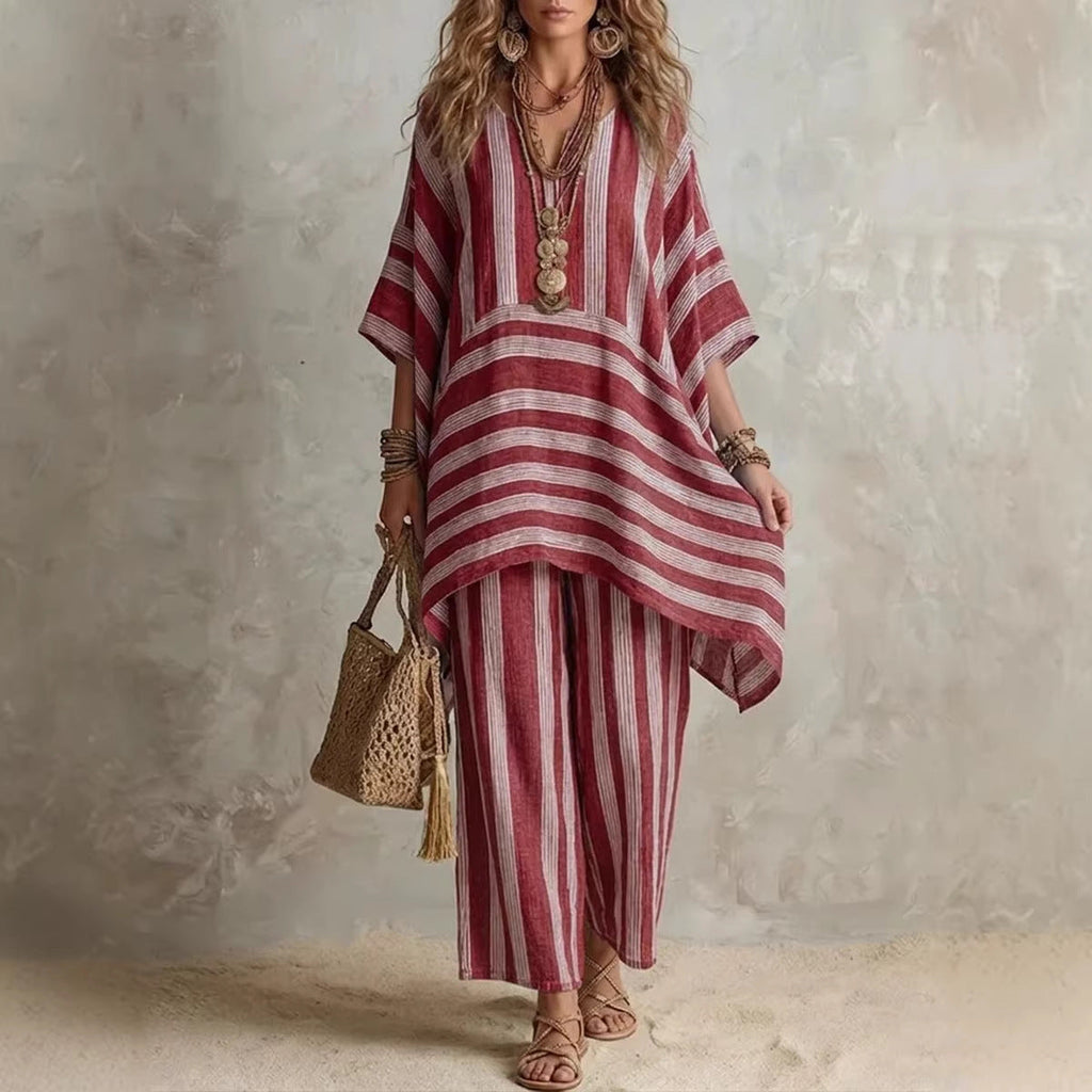 Women Striped V-Neck Batwing Sleeve Top & Wide Leg Pants 2 Piece Resort Loungewear Set