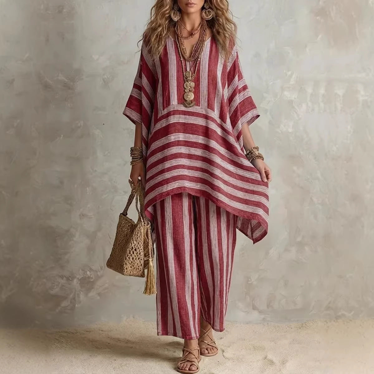 Women Striped V-Neck Batwing Sleeve Top & Wide Leg Pants 2 Piece Resort Loungewear Set