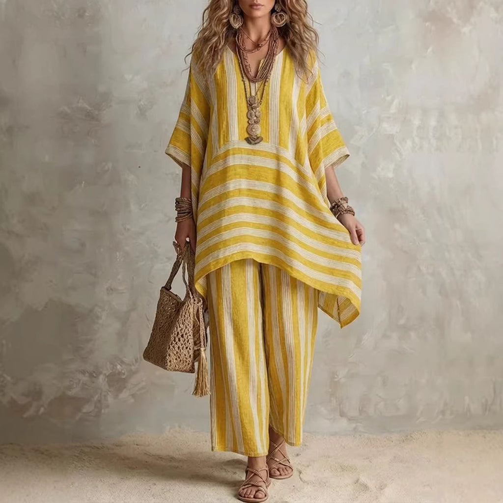 Women Striped V-Neck Batwing Sleeve Top & Wide Leg Pants 2 Piece Resort Loungewear Set