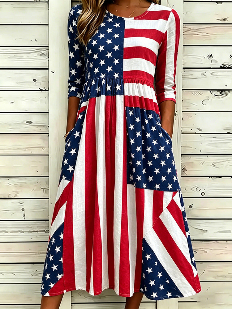Loose-Fit Round-Neck Dress with Mid-Length Sleeves and Side Pockets