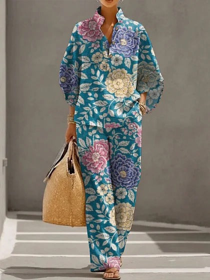 Stand-up collar polo shirt & wide-leg pants retro print two-piece set