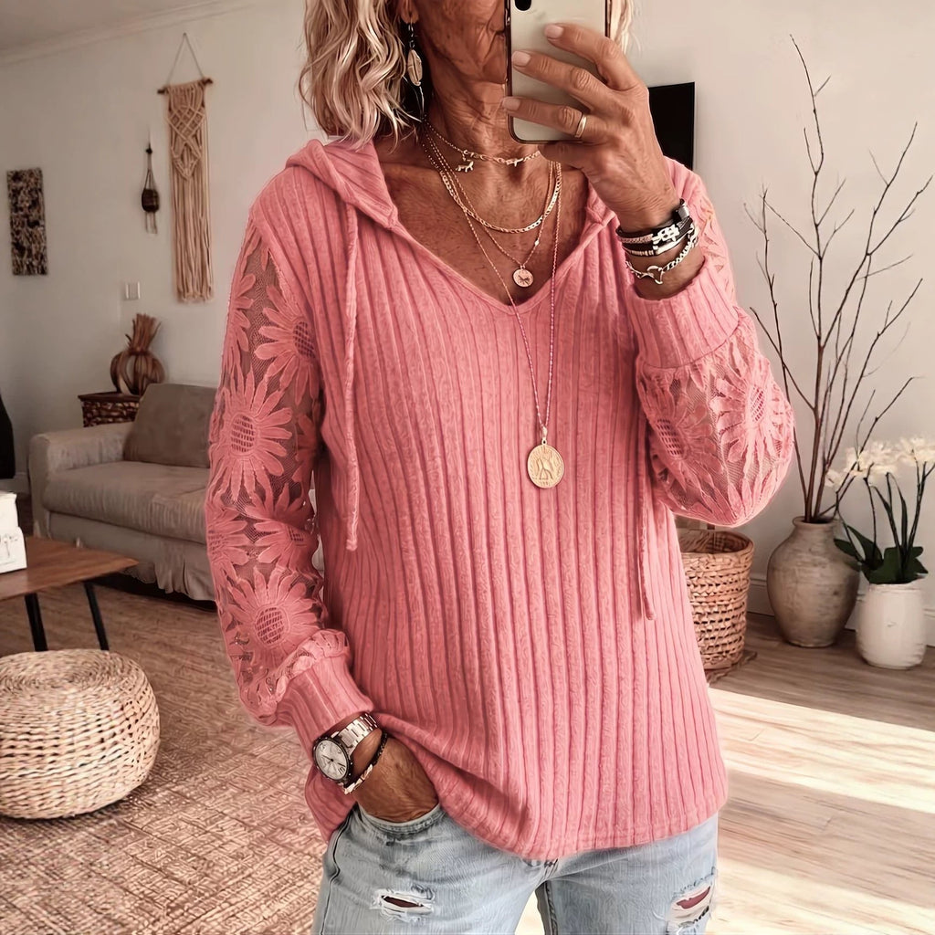 Ladies Drawstring Hoodie V‑Neck Lace Floral Long Sleeve Ribbed Knit Casual Pullover Top