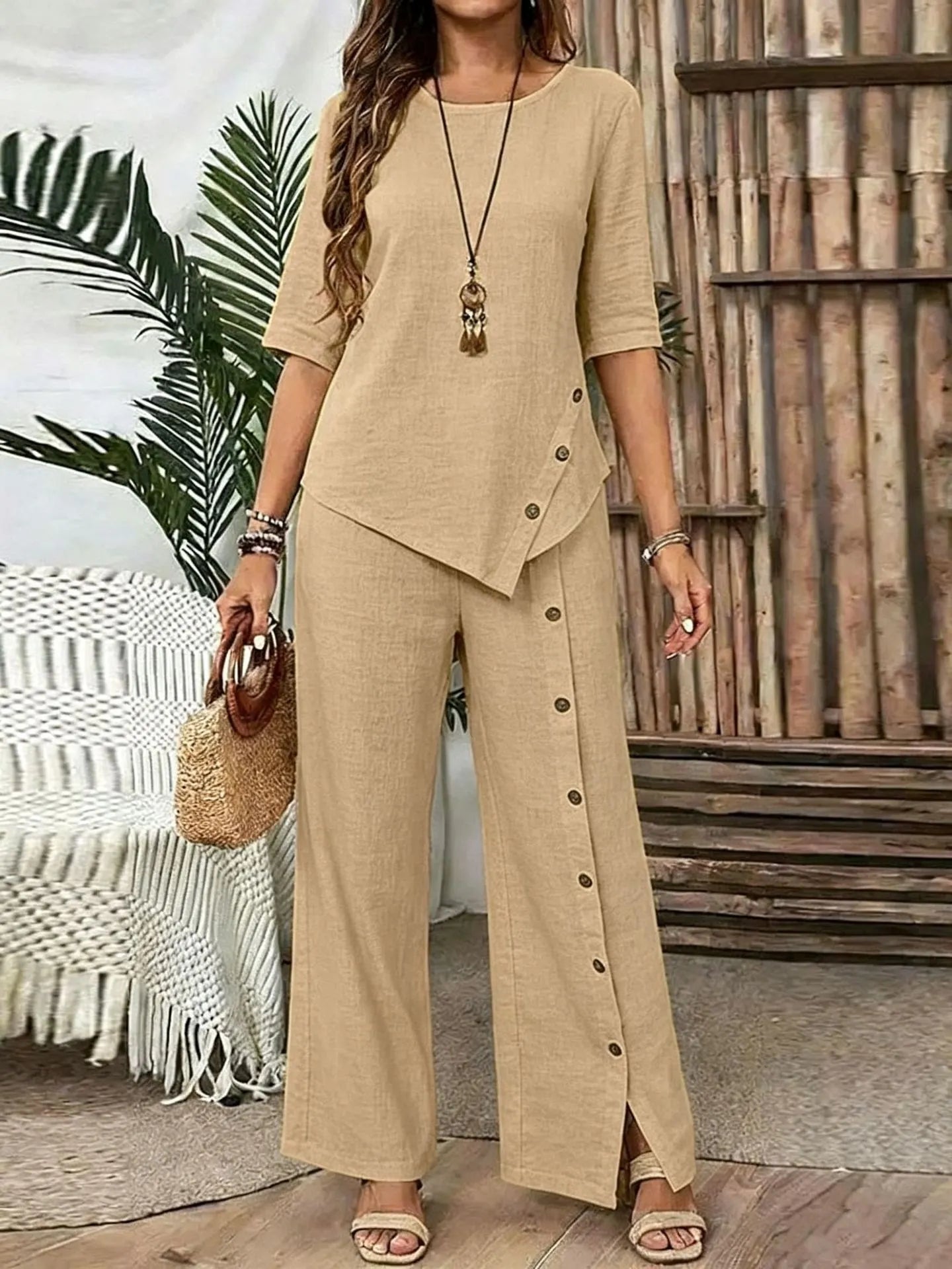 Women Irregular Hem Button Detail Top & Side Slit Wide Leg Pants 2 Piece Linen Look Set