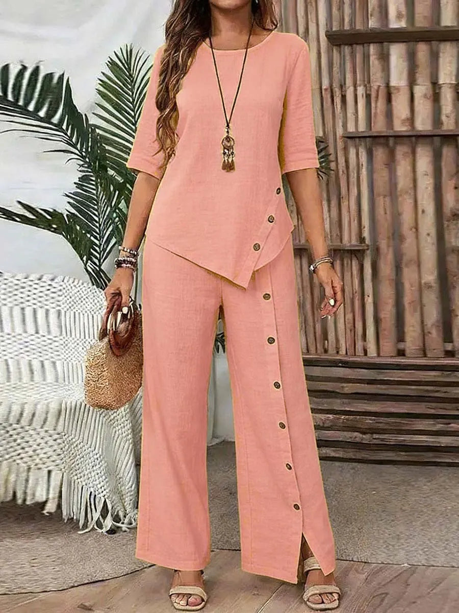 Women Irregular Hem Button Detail Top & Side Slit Wide Leg Pants 2 Piece Linen Look Set