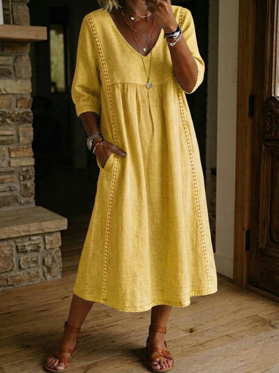 Women's Casual Loose-fitting Patchwork Lace Trim Linen And Cotton Dress