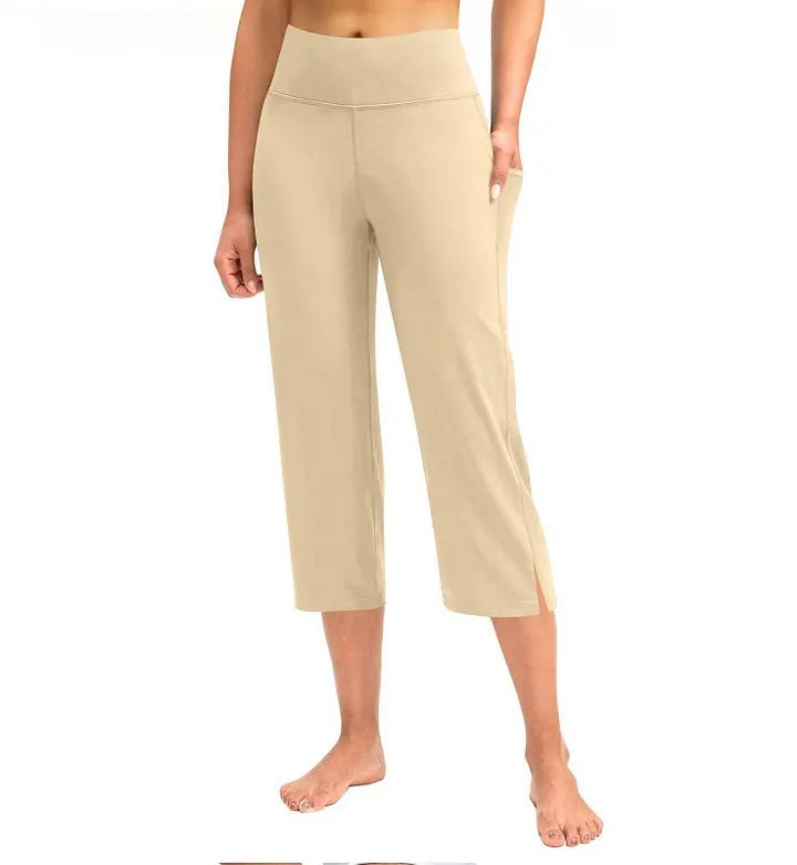 Women's High-Waisted Capri Plain Casual Pants with Pockets