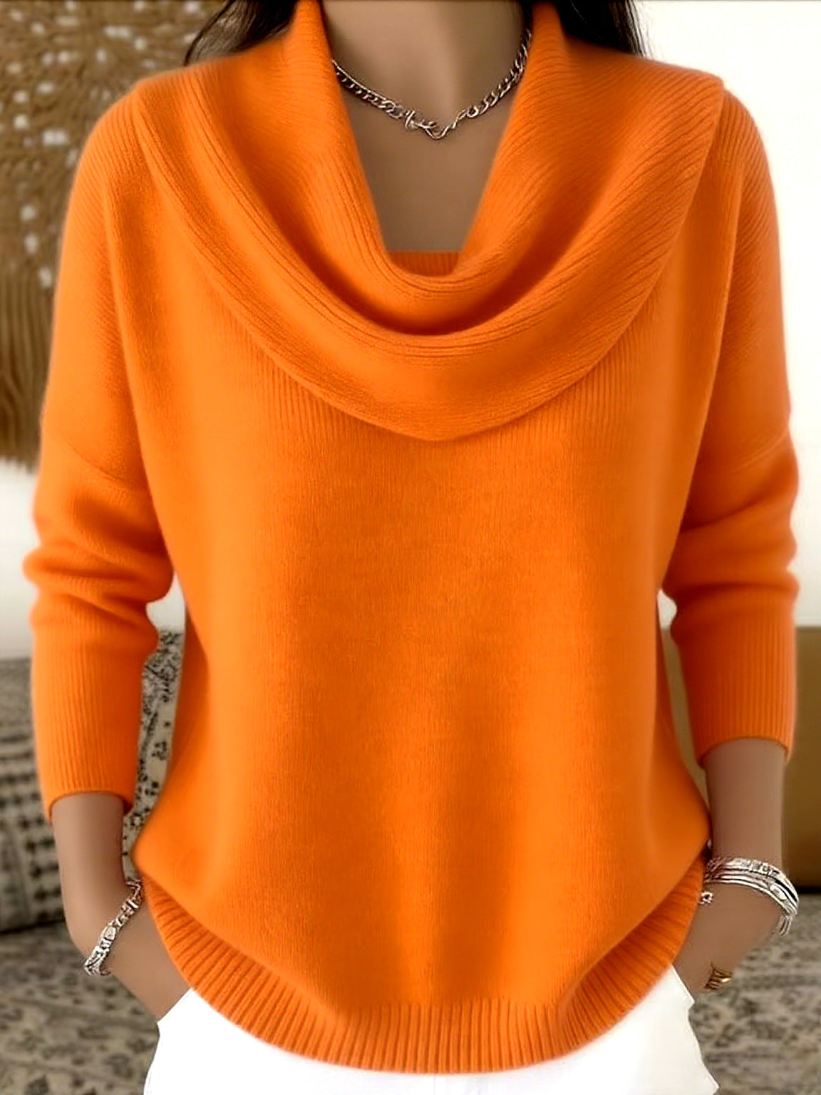 Women Cowl Collar Knit Sweater Solid Color Long Sleeve Pullover Casual Knit Top