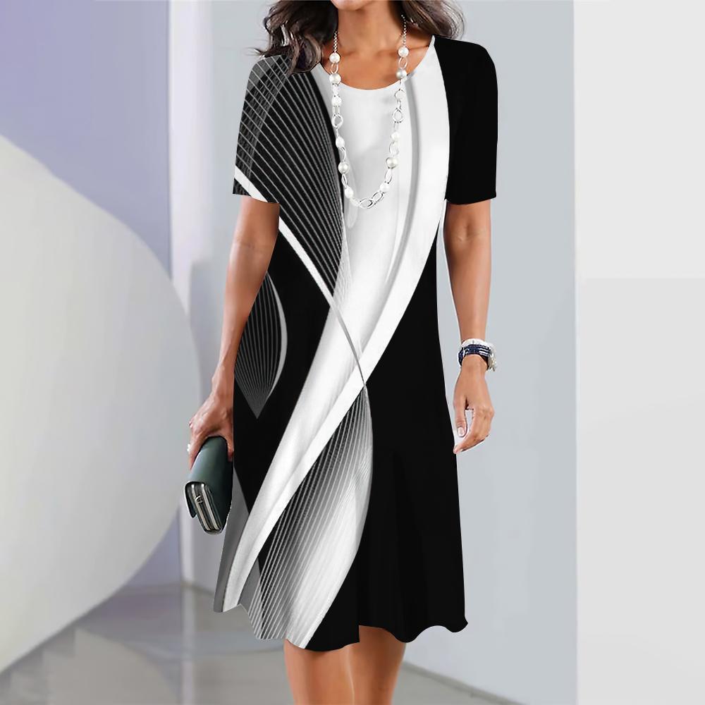 Women Geometric Color Block Short Sleeve Midi Dress