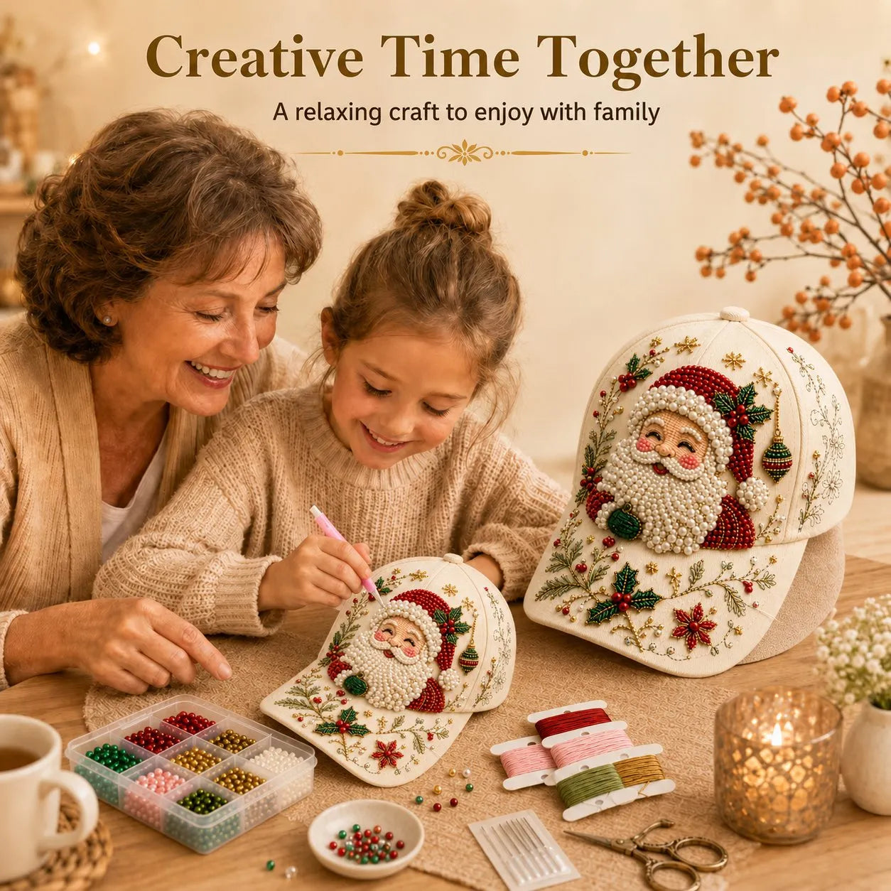 🔥HOT SALE🔥🎄🧢 Premium Christmas Beaded Hat DIY Kit | Luxury Flocked Canvas with Scratch-Resistant Non-Fading Pearl Beads DIY Handmade Holiday Cap Decor 🎅🪡✨