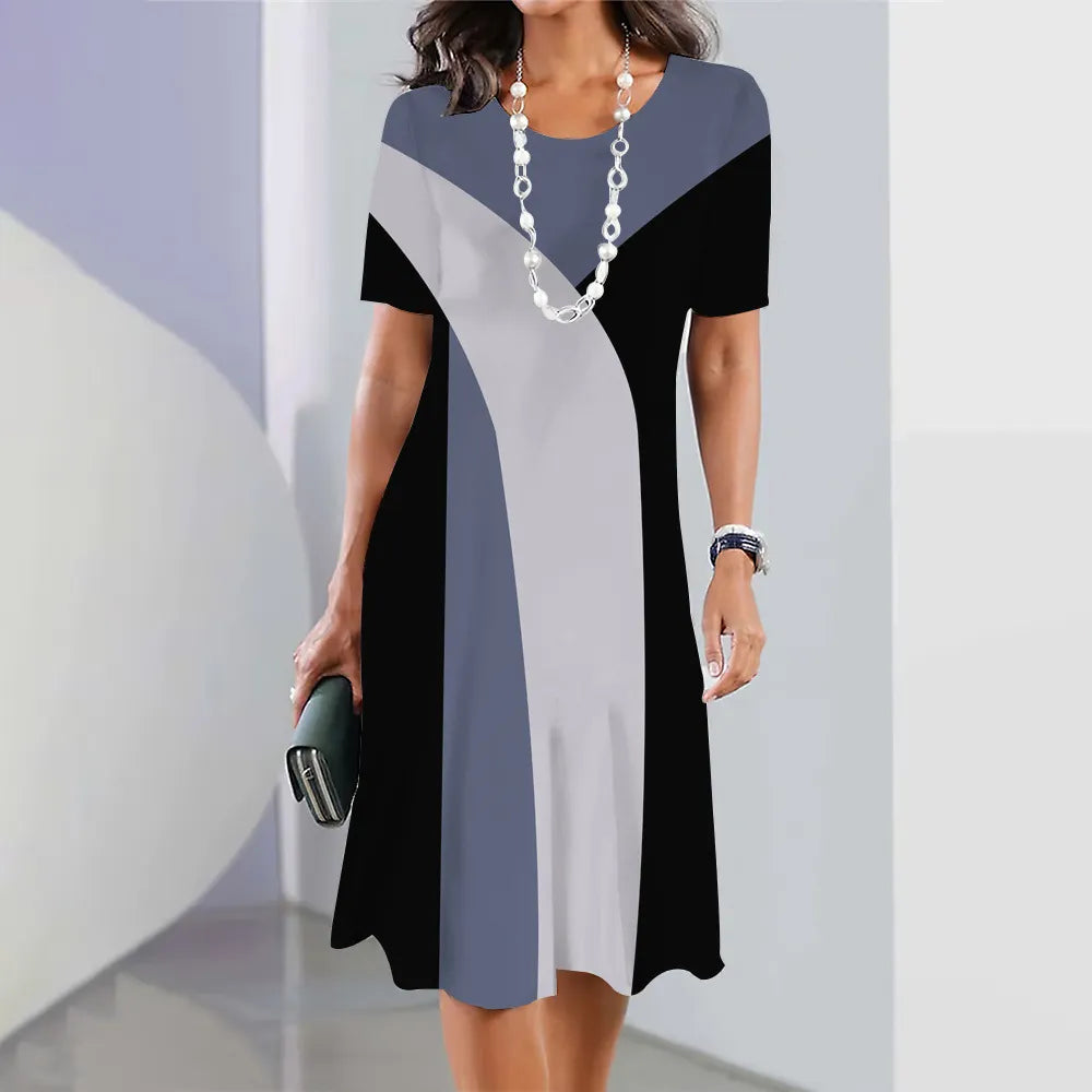 Women Geometric Color Block Short Sleeve Midi Dress