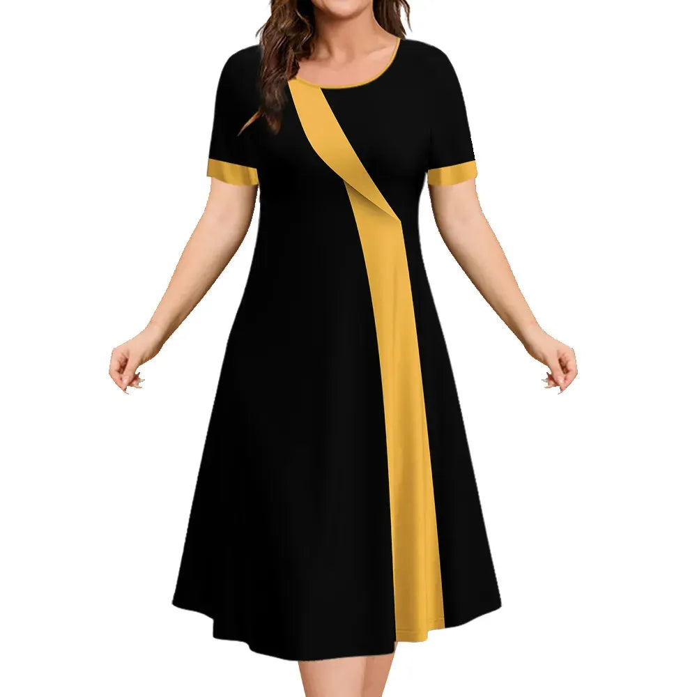 Women Geometric Color Block Short Sleeve Midi Dress