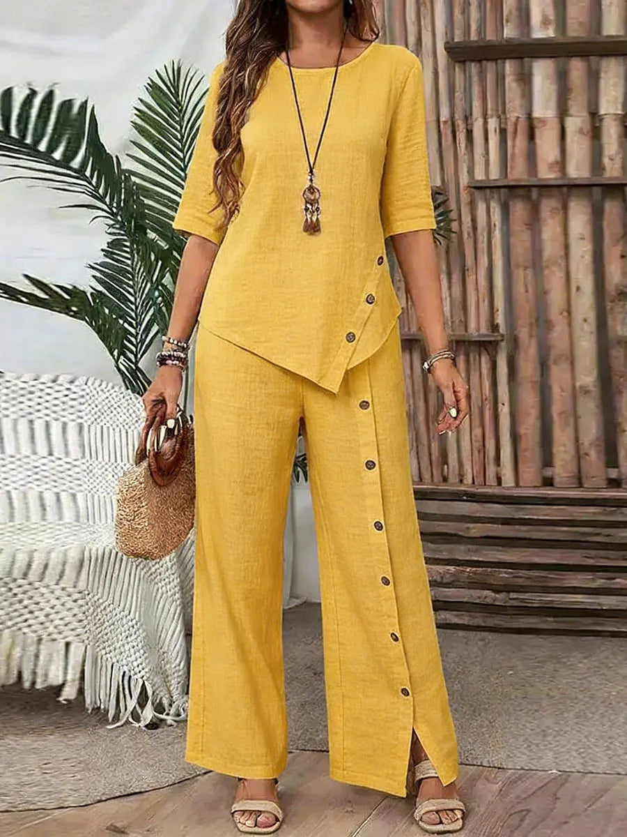 Women Irregular Hem Button Detail Top & Side Slit Wide Leg Pants 2 Piece Linen Look Set