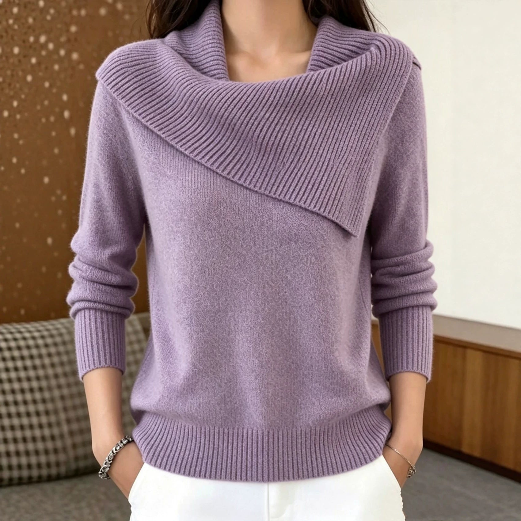 Women's Asymmetric Wide-Collar Knit Sweater