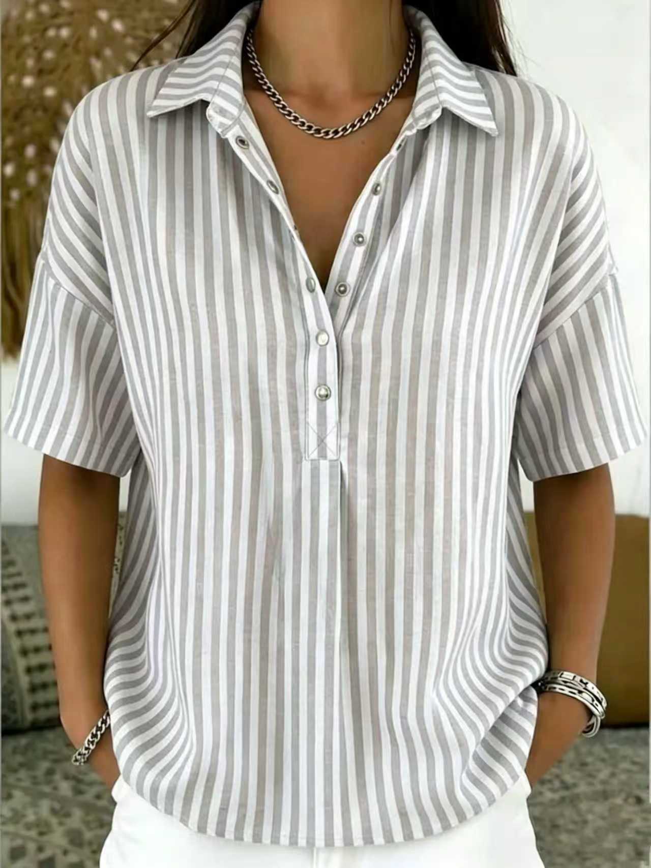 Minimalist Summer Oversized Collar Blouse, Women Short Sleeve Button Front Striped Resort Shirt