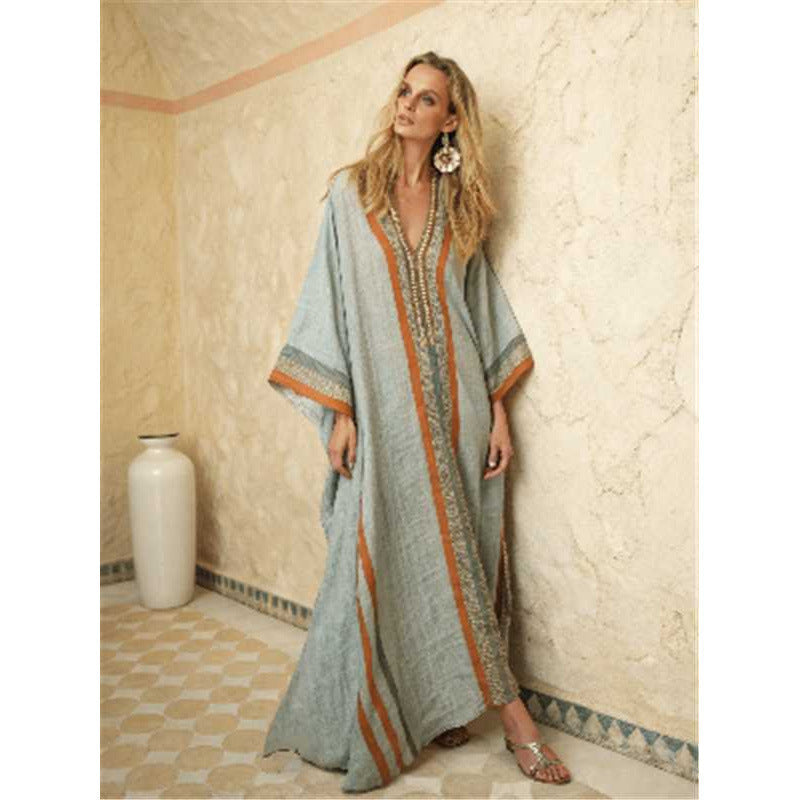 Women's V-Neck Linen-Blend Kaftan Dress