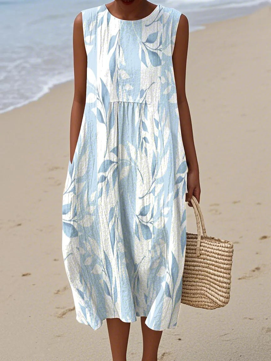 Cotton Linen Printed Midi Dress | Women's Sleeveless Beach Vacation Dress