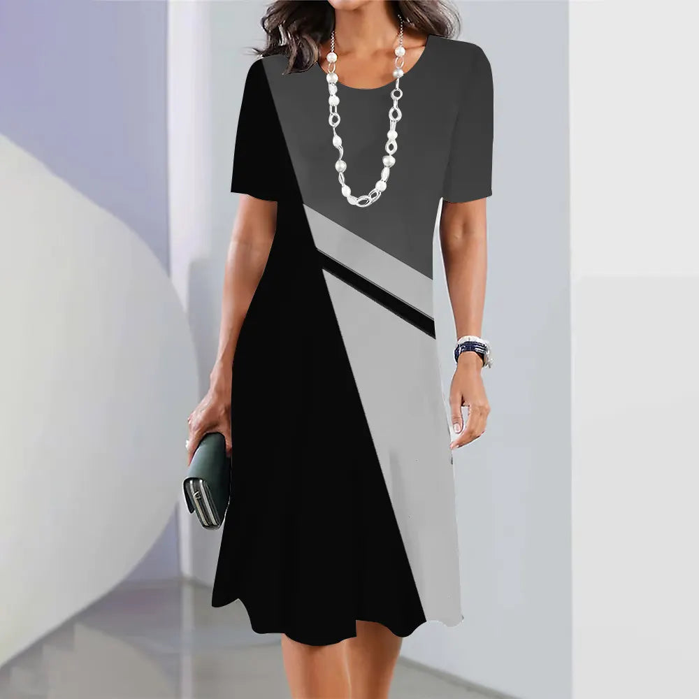 Women Geometric Color Block Short Sleeve Midi Dress