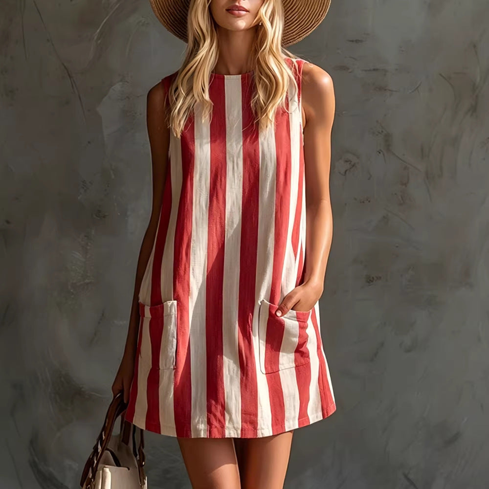 Summer Resort Women Vertical Stripe Loose Mini Dress