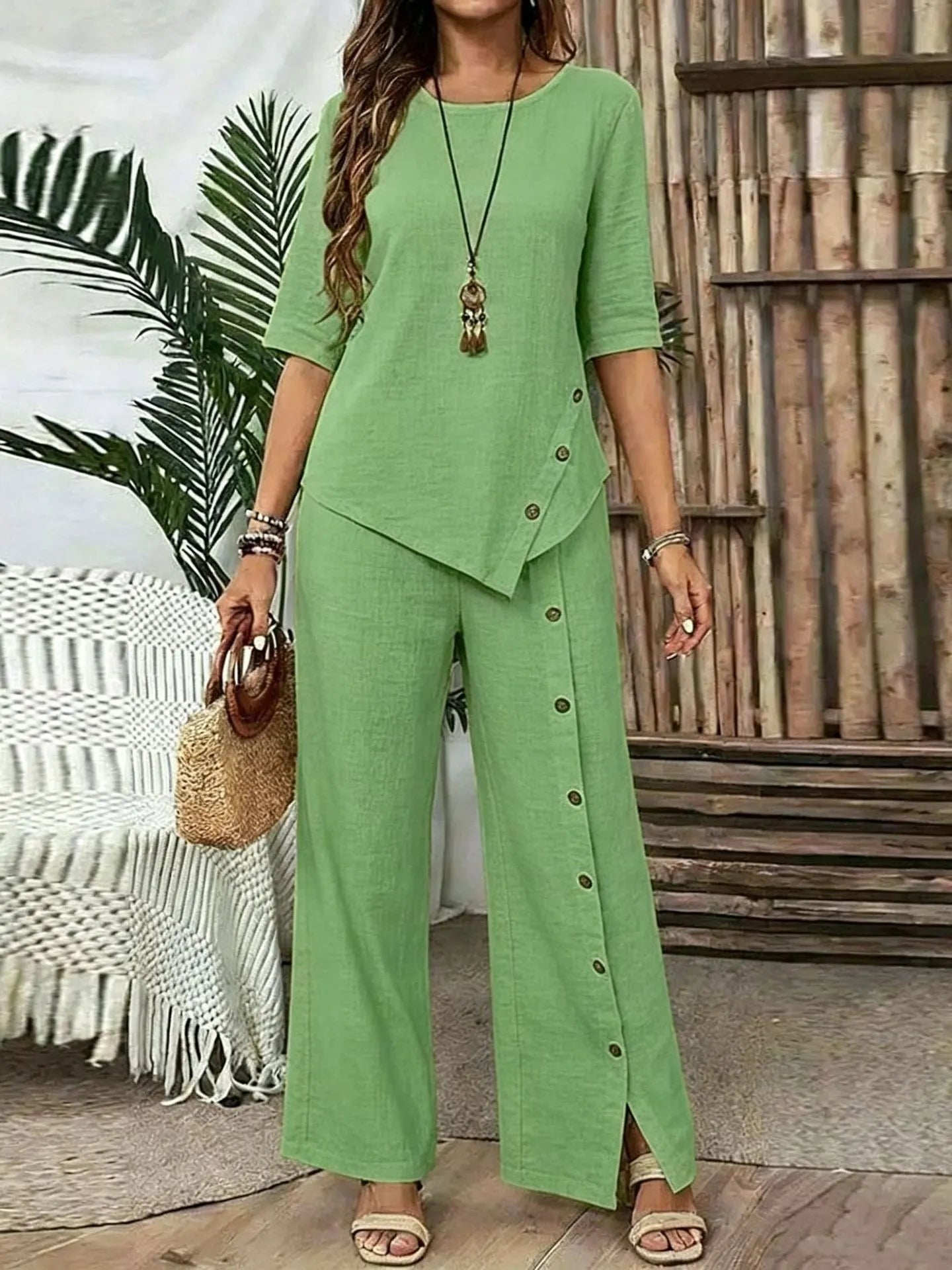Women Irregular Hem Button Detail Top & Side Slit Wide Leg Pants 2 Piece Linen Look Set