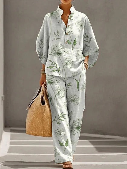 Stand-up collar polo shirt & wide-leg pants retro print two-piece set