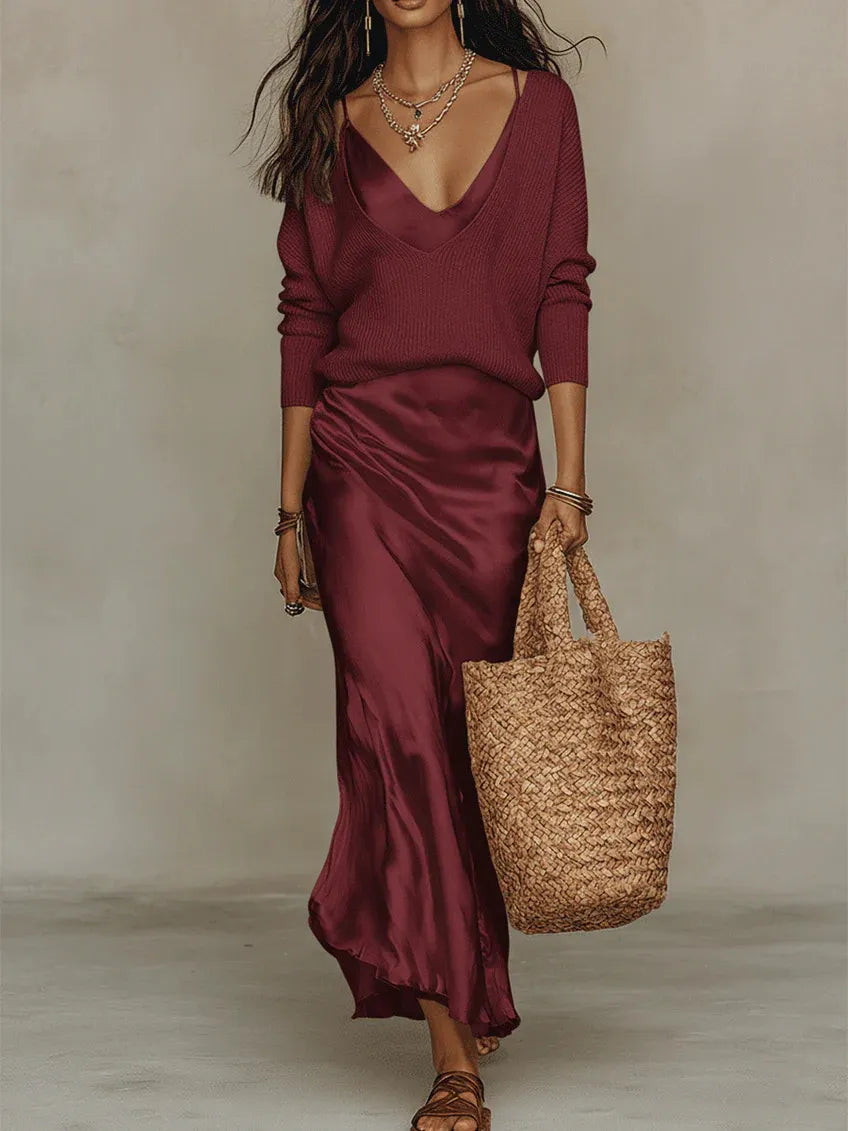 Women V Neck Loose Knit Pullover Satin Spaghetti Strap Midi Dress Layered 2 Piece Outfit Set