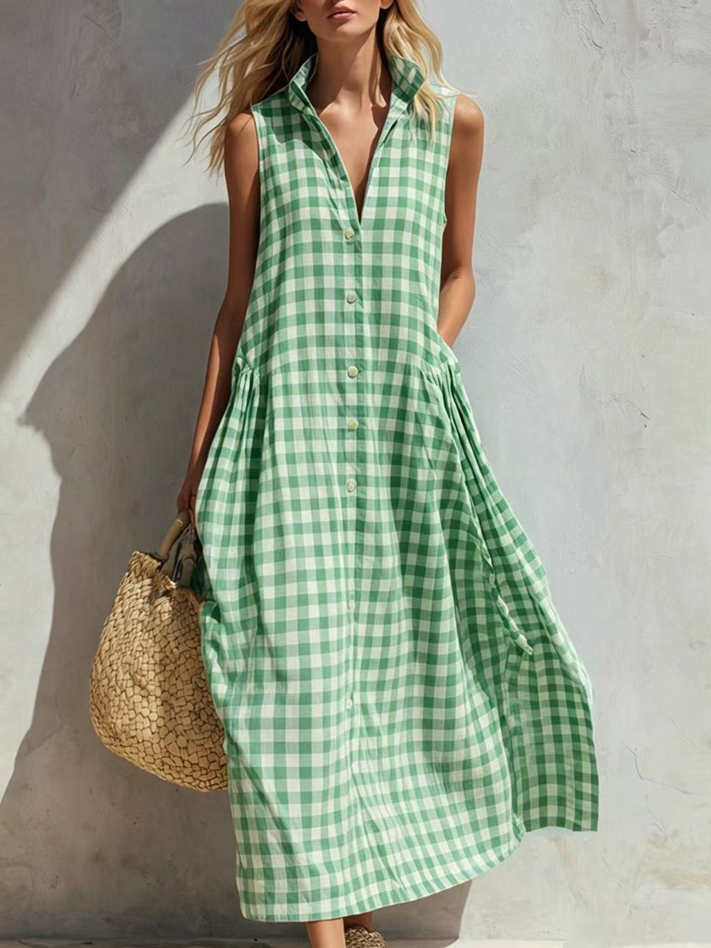 Minimalist Summer Plaid Sleeveless Shirt Dress Stand Collar Half Placket Pocket Flowy Vacation Midi Dress