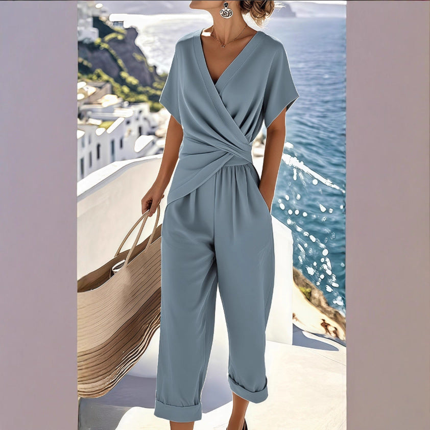 Wrap V Neck Twisted Waist Pocket Jumpsuit Women