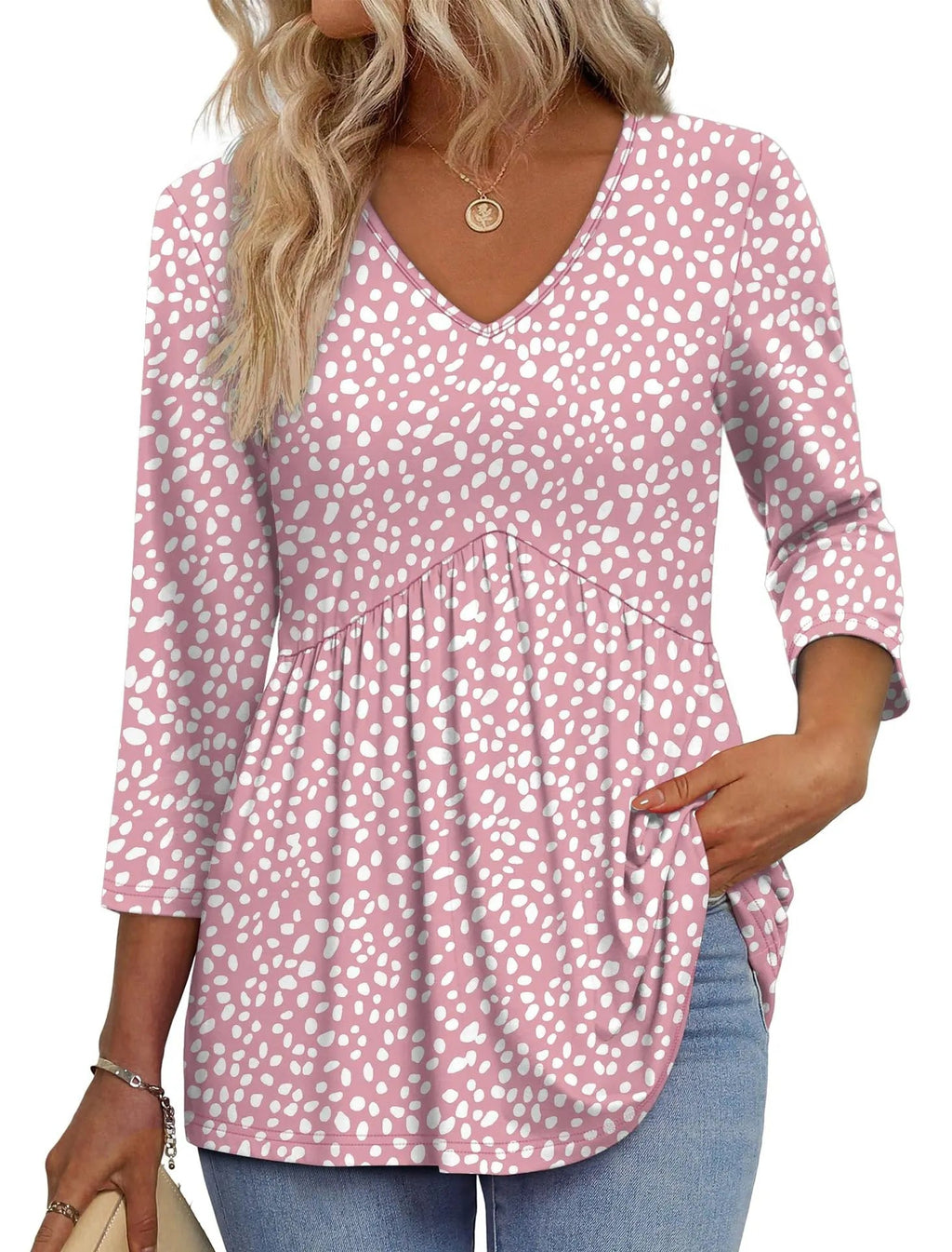 Women V Neck 3/4 Sleeve Leaf Print Empire Waist Tunic Top