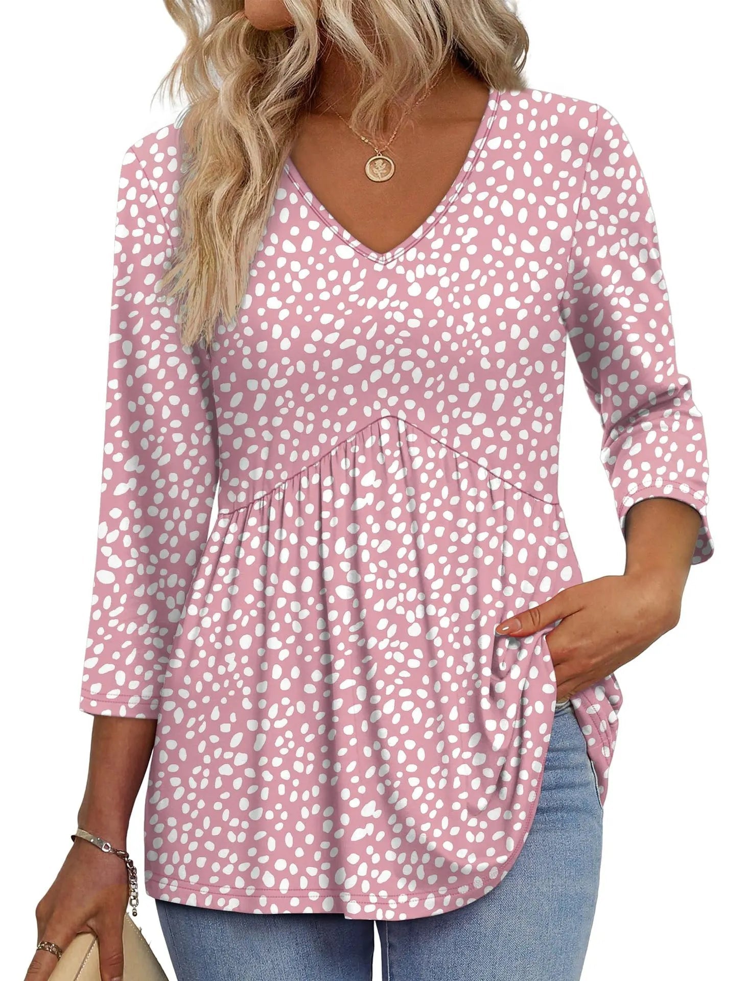 Women V Neck 3/4 Sleeve Leaf Print Empire Waist Tunic Top