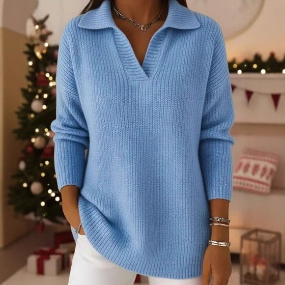 V‑Neck Polo Style Rib Knit Long Sleeve Sweater For Women