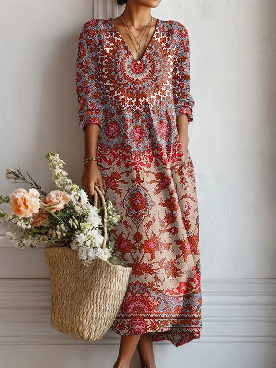 Women's Boho Floral Print Linen Maxi Dress