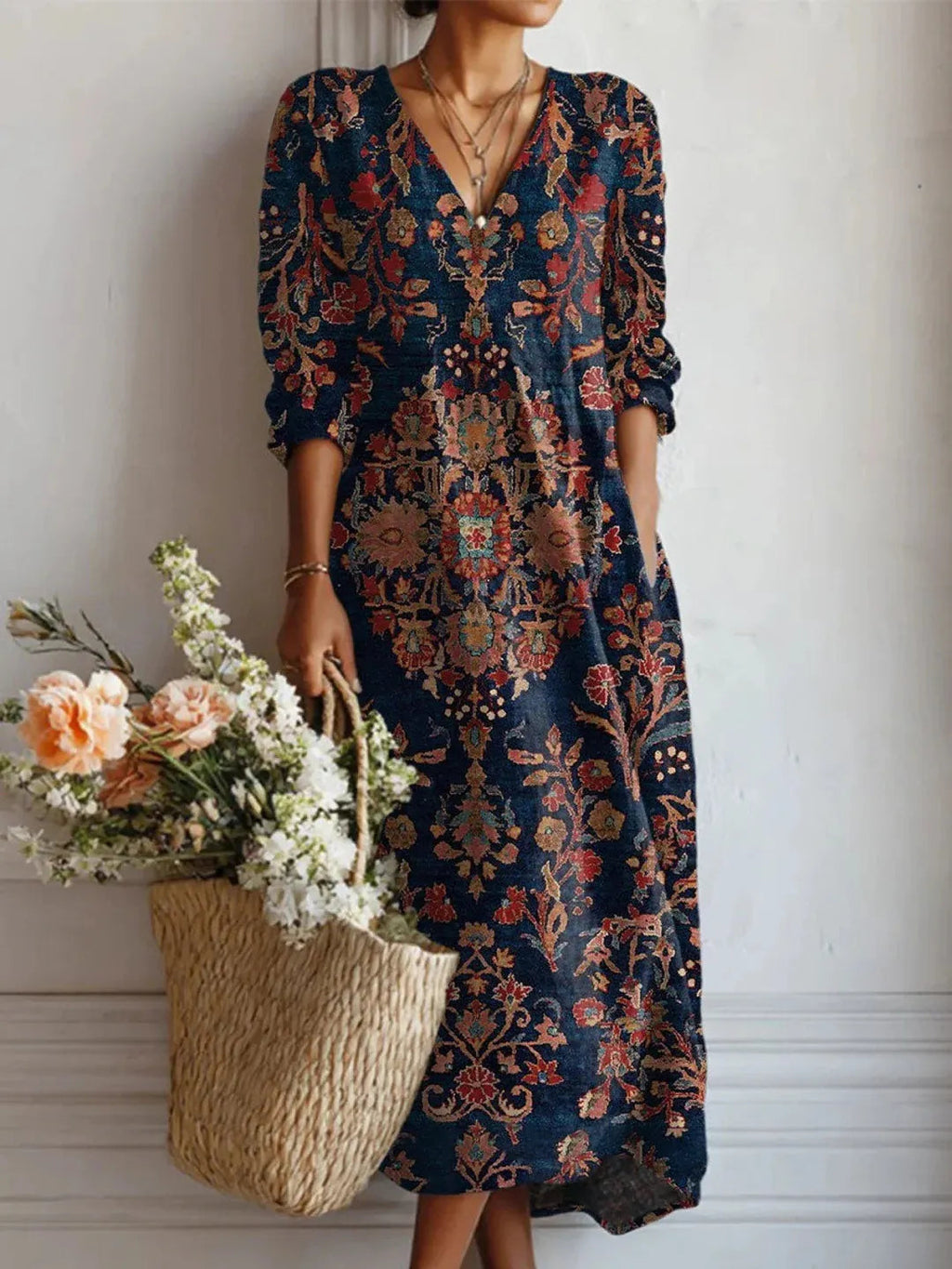 Women's Boho Floral Print Linen Maxi Dress