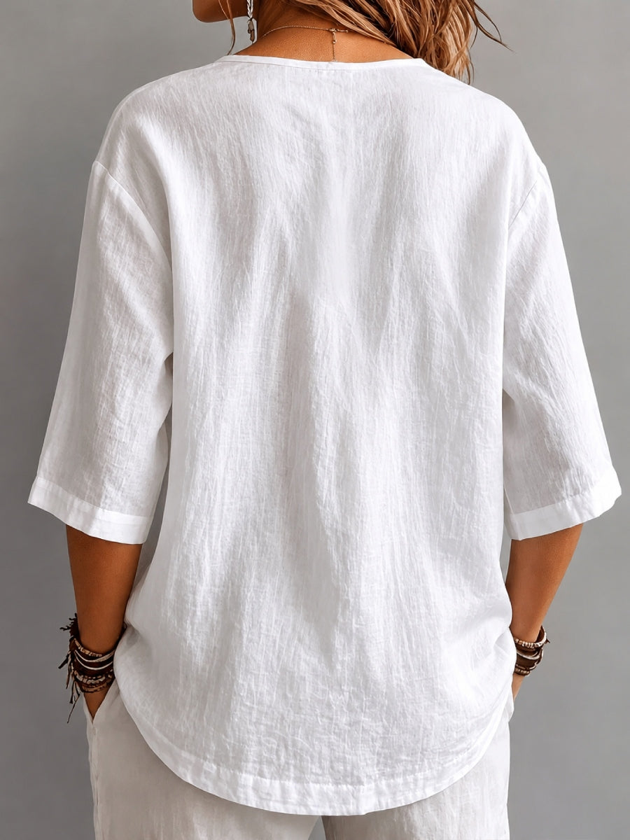 New Arrivals 🔥 Women's Round-Neck Pleated Shirt with 3/4 Sleeves