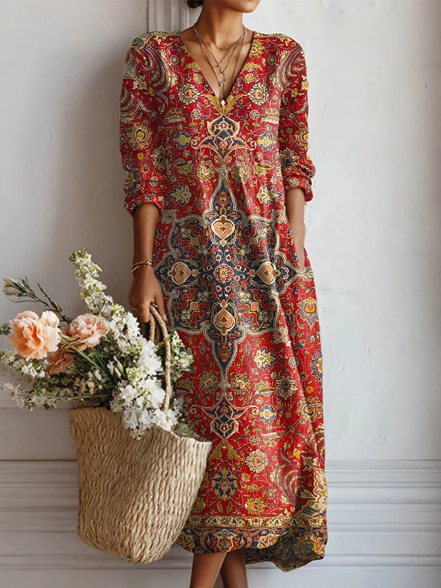 Women's Boho Floral Print Linen Maxi Dress