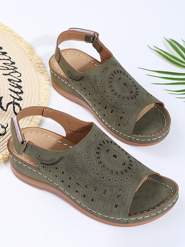 Ethnic Pattern Punched Hollow Velcro Vintage Hook And Loop Comfortable Wedge Sandals
