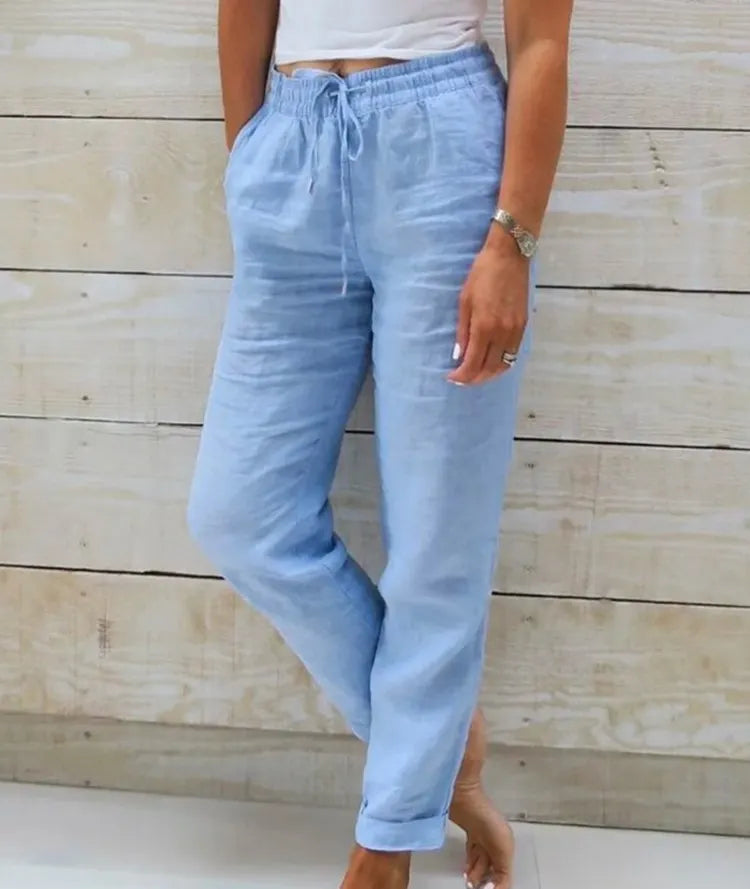 Elastic high-waisted solid color cotton and linen casual pants