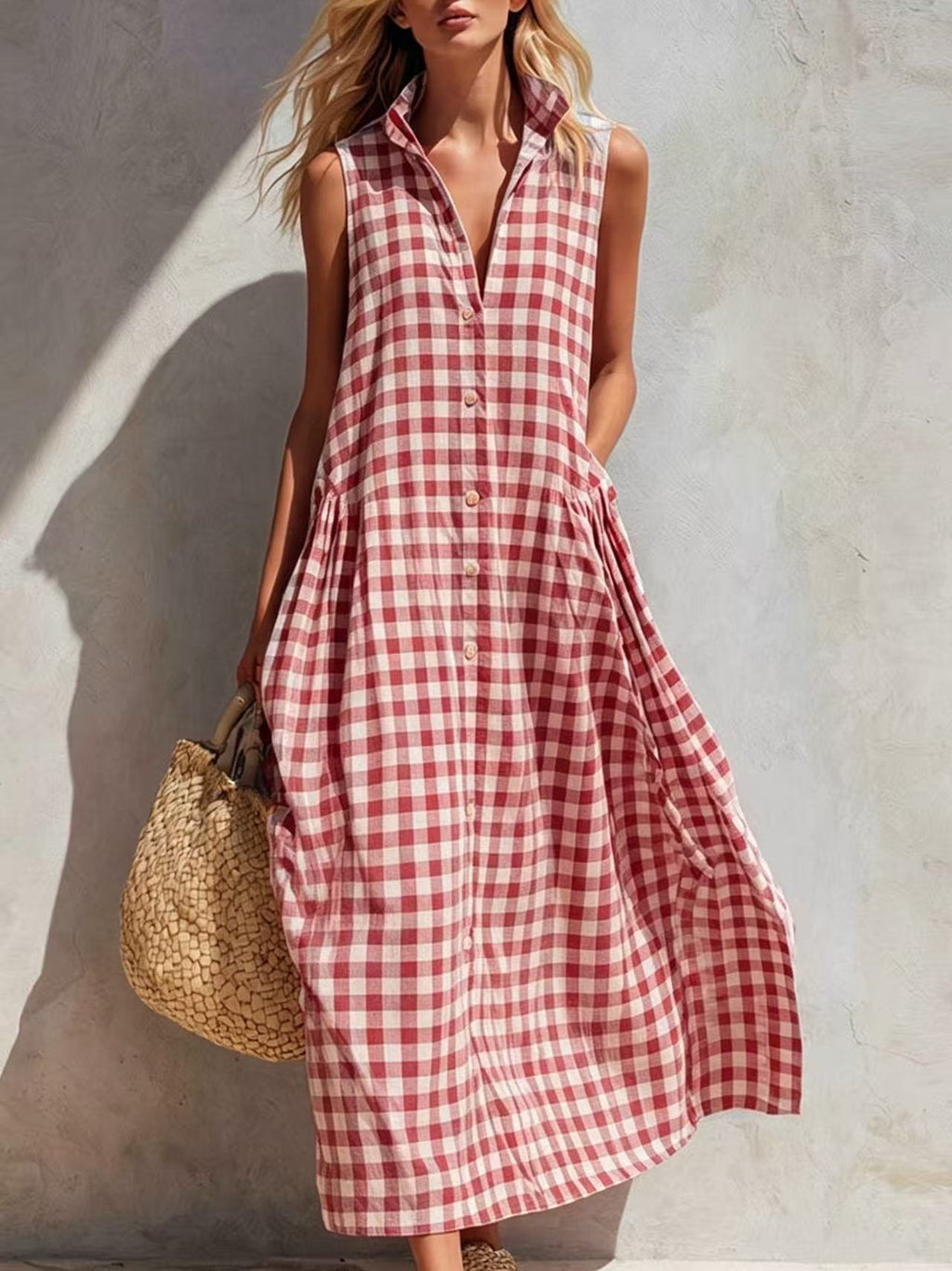 Minimalist Summer Plaid Sleeveless Shirt Dress Stand Collar Half Placket Pocket Flowy Vacation Midi Dress