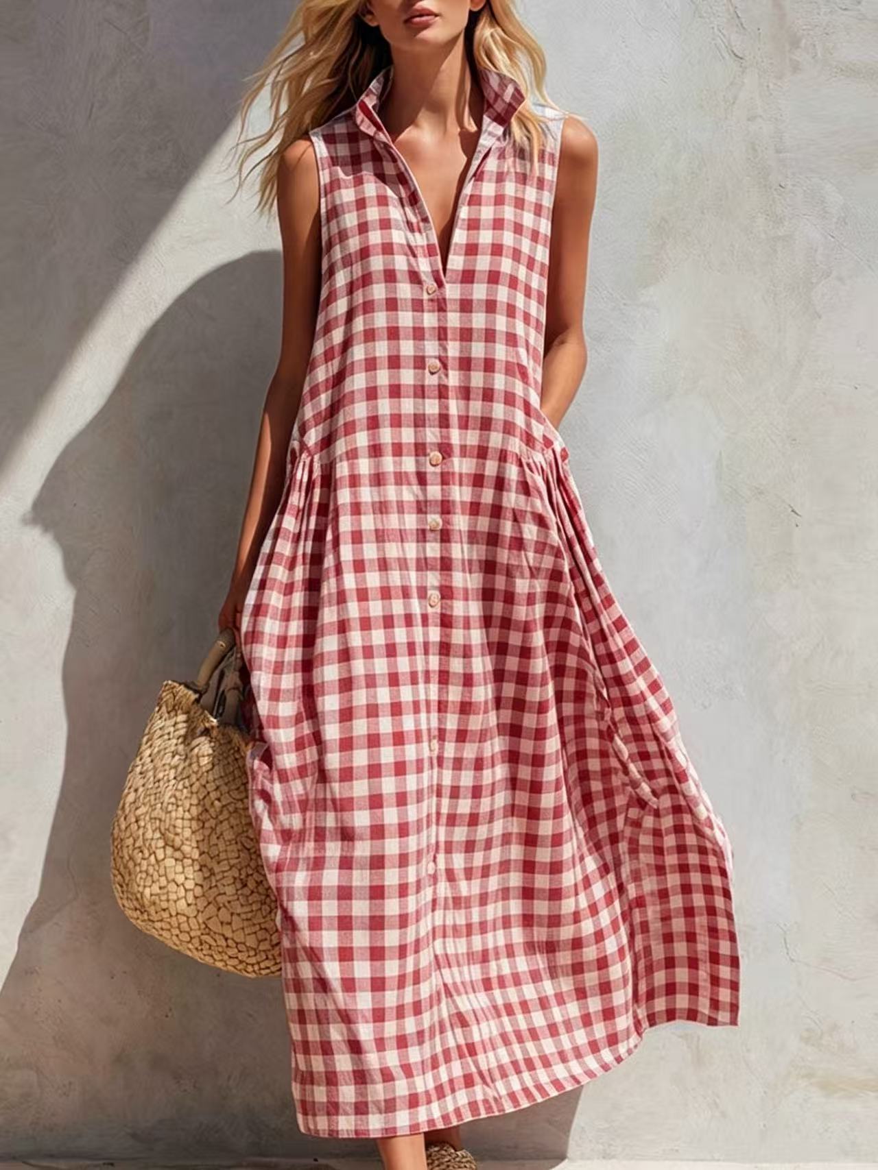 Minimalist Summer Plaid Sleeveless Shirt Dress Stand Collar Half Placket Pocket Flowy Vacation Midi Dress